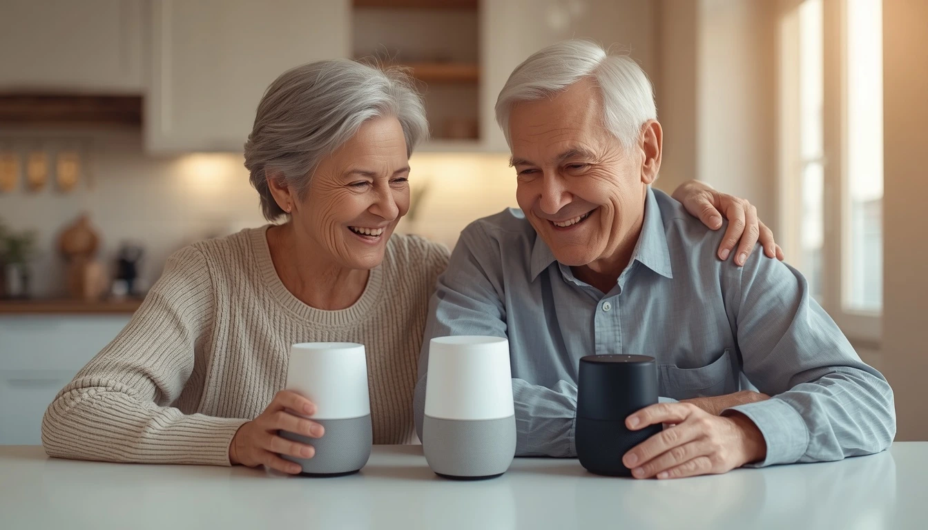 best voice assistants for seniors 2026 — elderly couple comparing smart speakers at home