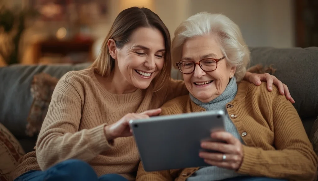 Senior couple smiling while using a tablet at home