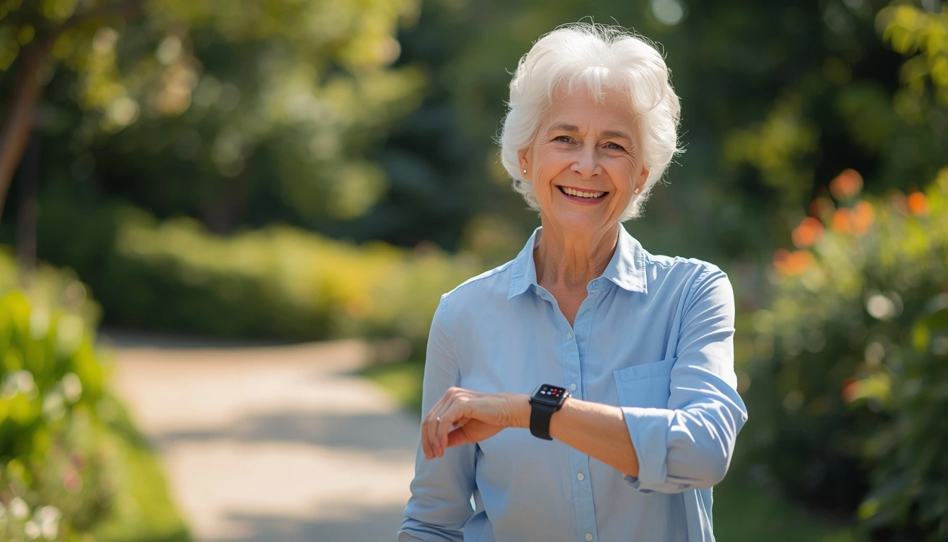 best AI fall detection devices for seniors 2026 — elderly woman wearing smartwatch outdoors