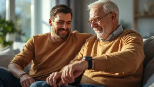 fall detection for seniors — adult son helping elderly father review medical alert smartwatch at home