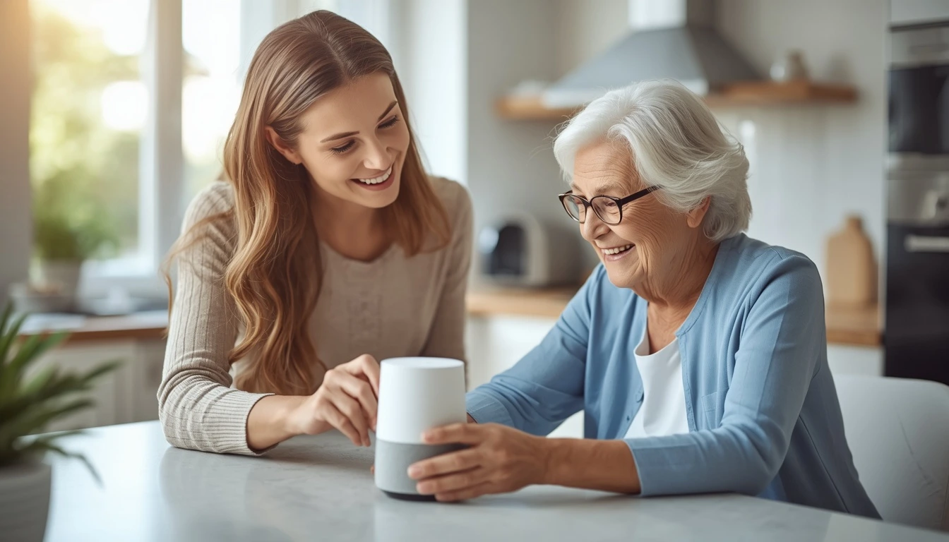 alexa for seniors review — daughter helping elderly mother set up smart speaker at home
