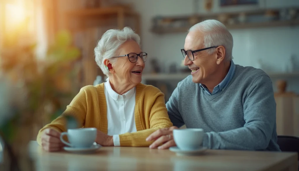 best AI hearing aids for seniors 2026 — elderly couple enjoying natural conversation with discreet hearing aid