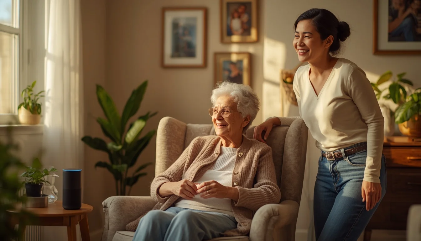 Elderly woman in her 70s sitting in sunlit living room armchair speaking to Amazon Echo Show, adult daughter smiling nearby — best voice assistant for seniors with dementia 2026