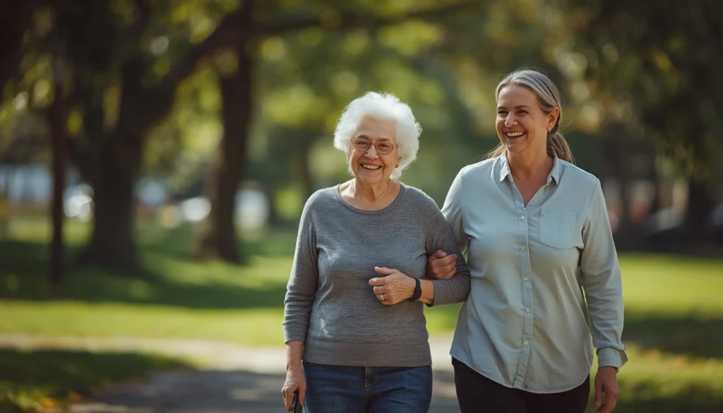 Elderly woman with dementia walking safely in a park with her adult daughter, both smiling