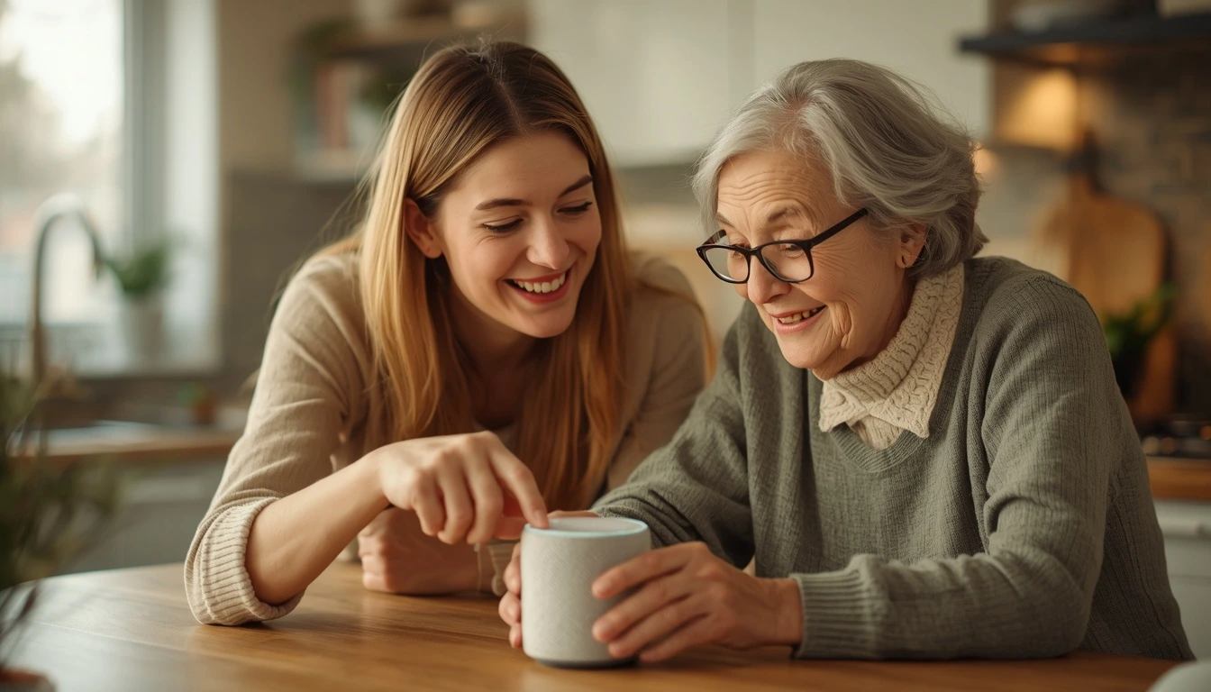 adult daughter helping her elderly mother set up an Amazon Echo speaker in the kitchen — how to set up Alexa for elderly parent guide
